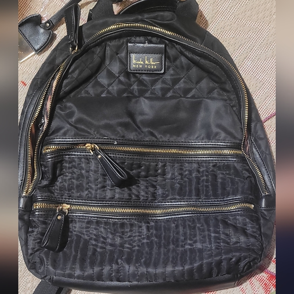 Nicole Miller Black Quilted Backpack with Gold Details